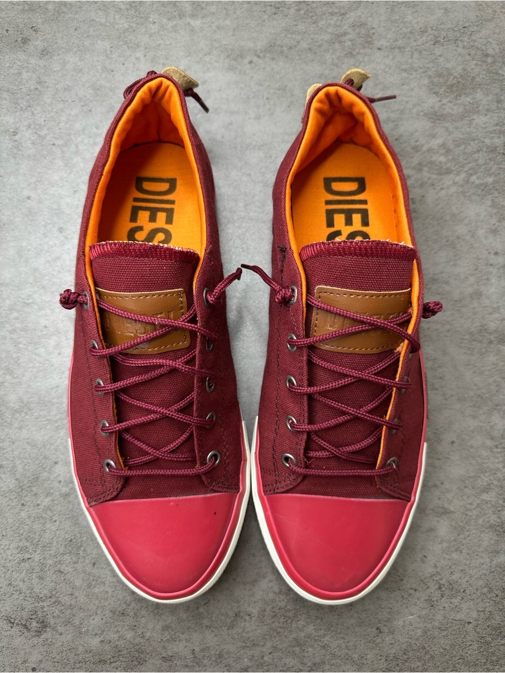 Diesel Marcy W Canvas Sneakers Burgundy Orange Lace-Up Shoes Size 9.5|EU 43